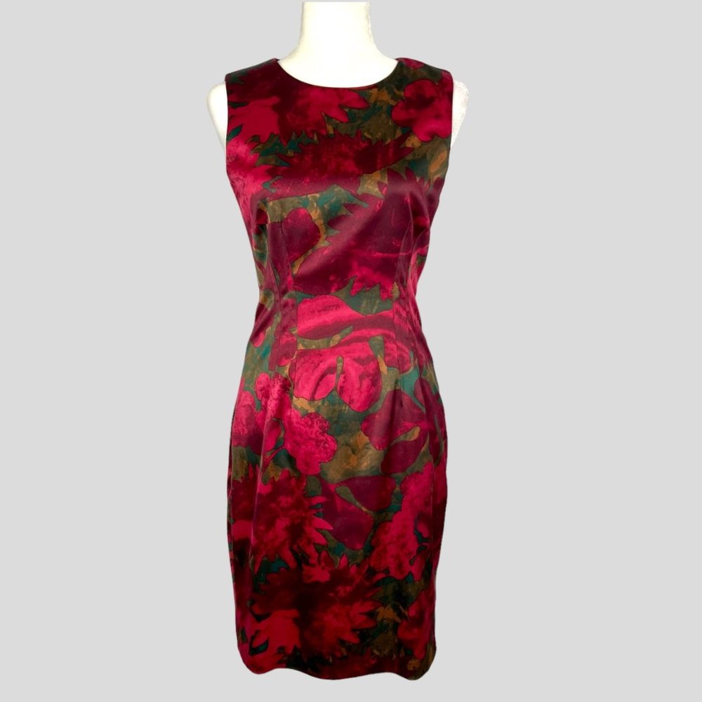 Tahari Womens Red Sleeveless Sheath Dress Jacquard Floral Watercolor size 2